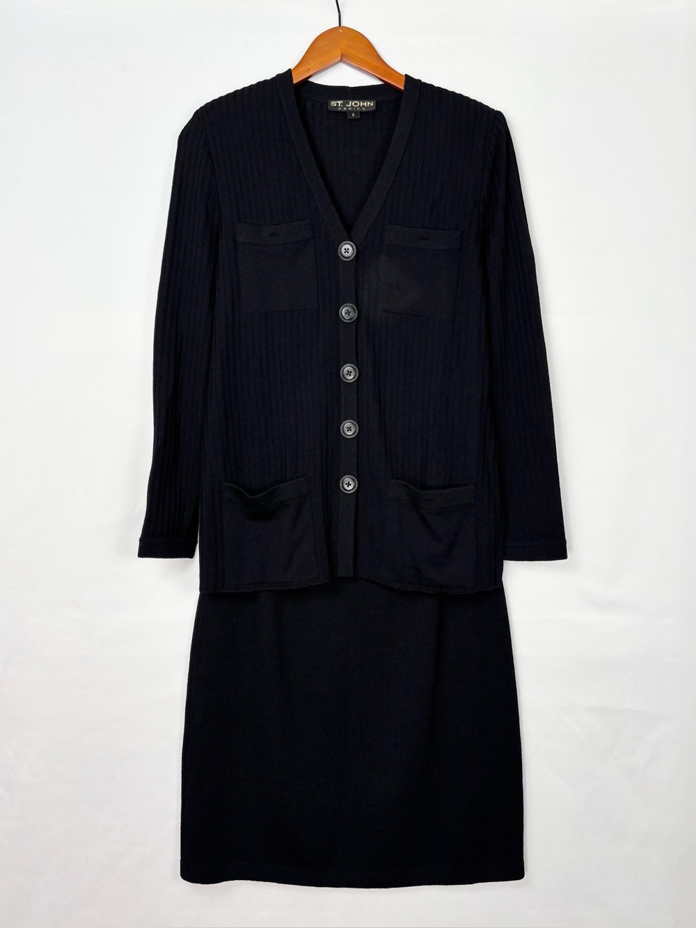 St John Basics Set Cardigan Skirt Size 6/10 Ribbed Santana Knit Black V Neck